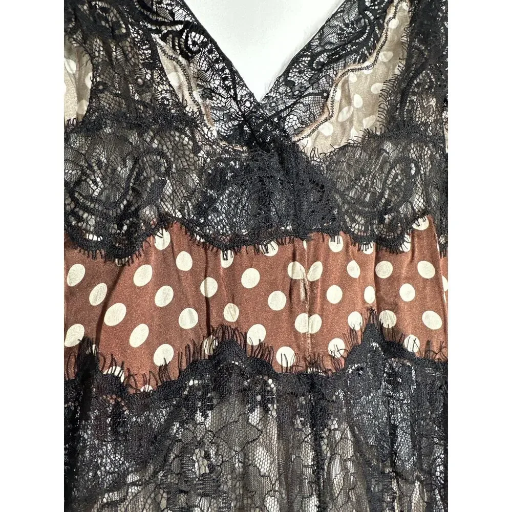 Ronny Kobo Holiday Dress Sleeveless V-Neck Lace Trim Midi Brown Polka Dot Medium - Picture 5 of 9